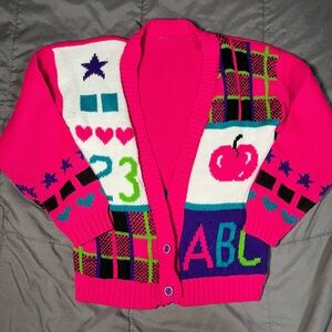 Vintage 80s Girls Pink Knit‎ Cardigan Sweater Retro Novelty ABC 123